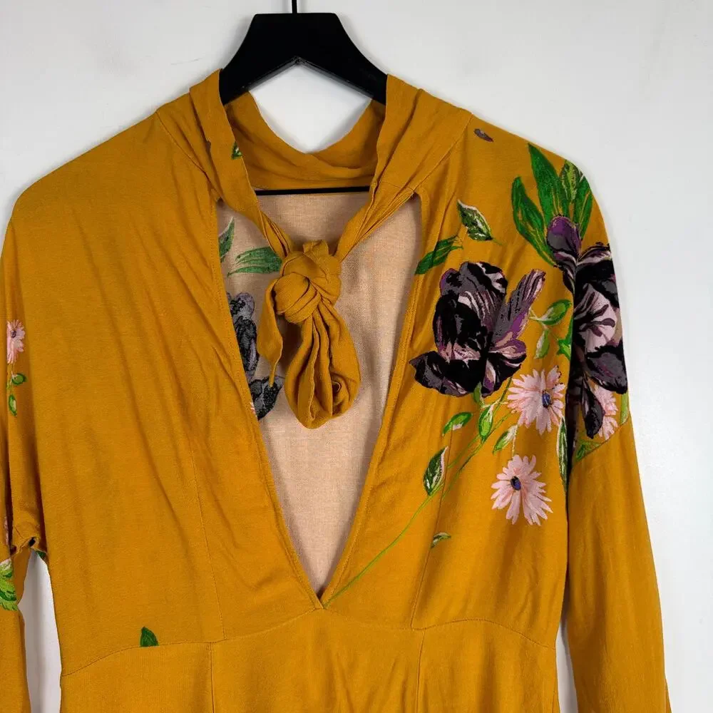 Free People Gemma Tunic Dress Mini Yellow Floral Open Back - XS